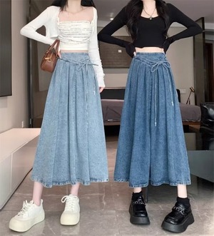 スカート ロングスカート レディース デニムスカート ロング プリーツスカート フレア Aライン ウエストリボン ハイウエスト ウエストゴム シンプル 大人 おしゃれ レトロ 大人可愛い 大人女子 とろみ感 春 夏 デート お出かけ 休日 アウトドア 旅行 普段使い 楽ちん 体系カバー 定番 送料無料 S M L XL 2XL 3XL ブルー ライトブルー