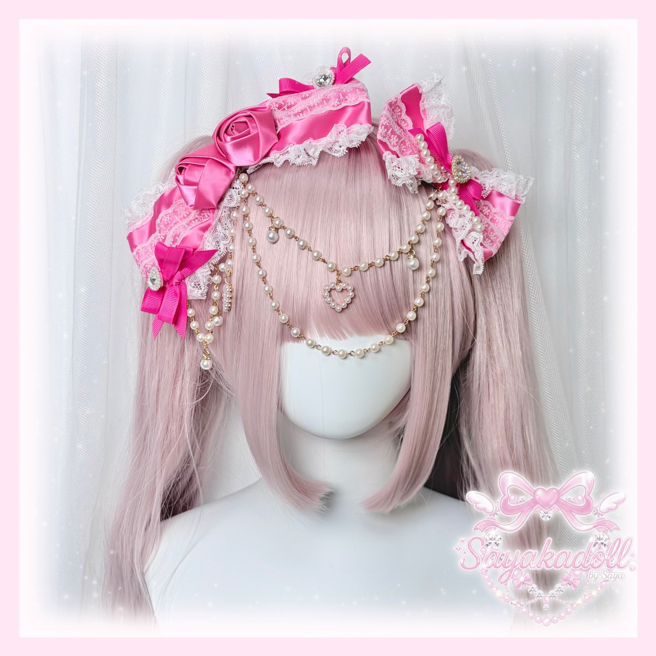 ♡ 姫GAL パールチェーン 薔薇付きリボンヘアクリップ vivid pink ♡