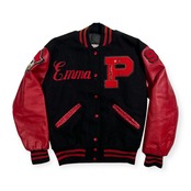 USA製 DeLONG フルデコ 刺繍 ワッペン 袖革 本革 レザー スタジャン サイズ S /メンズ/ビンテージ/アメリカ製/ブラック×レッド