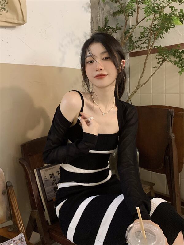 ストライプニットドレス ウェストロングスカート サマーブラック 夏物 ブラックストロベリース71090989891