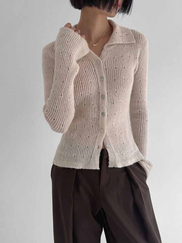 Distressed Rib Knit Polo Cardigan