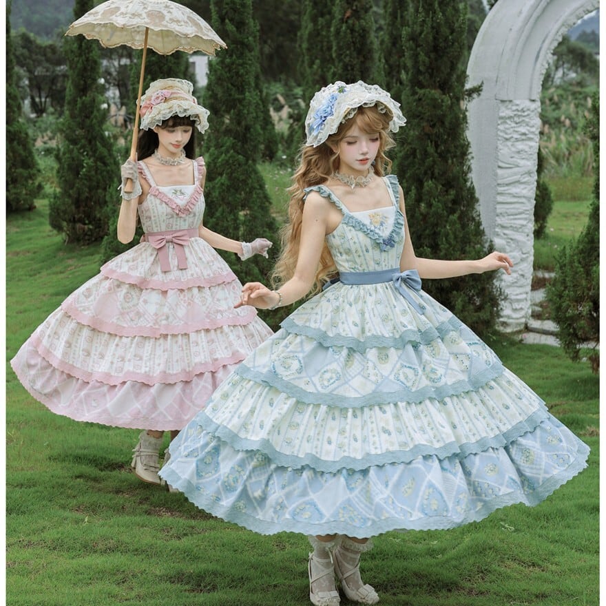 ガーリー系 クラシカルロリータ 花柄ティアードJSKワンピース 5カラー