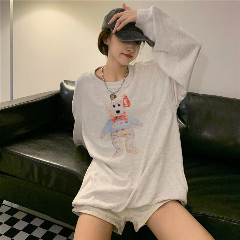 セーター レディースオータム薄手プリント柄ルーズラウンドネックトップス ロング ストリート 秋物 Oネック YY-ファッション76474952805