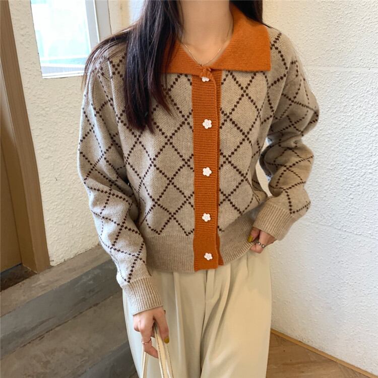 簡単スタイルアップ ヤングスタイル レトロ ラペル チェック柄 ニットトップス カーディガン