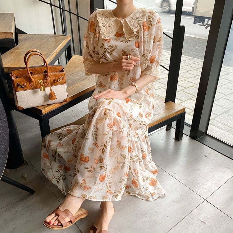 新しいデザイン 人形の襟 ファッション シフォン 中・長セクション おしゃれな 花柄 ワンピース