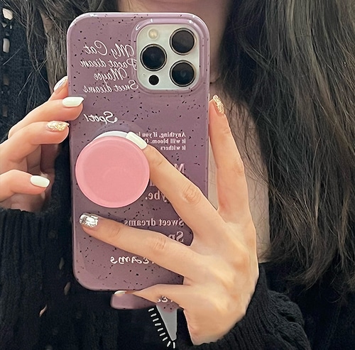 iPhone14 Pro Max/13/12ケース 英文字 お洒落 グリップ付き★ アイフォン13プロカバー パープル オトナ可愛い スタンド便利◎