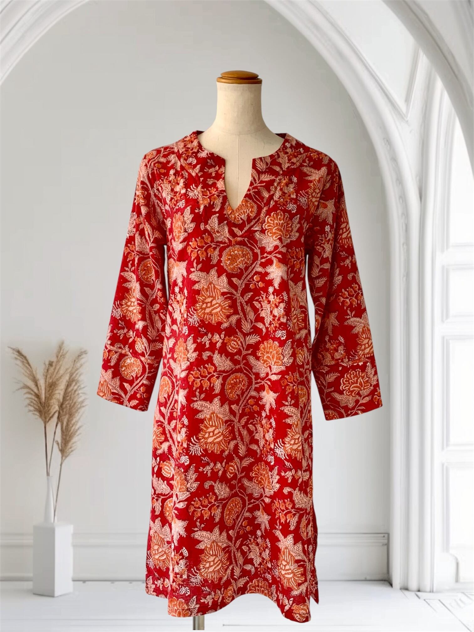 【新作】涼しい チュニック レッド 赤 インド綿 夏ファッション