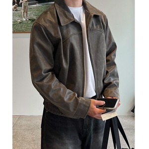 レトロショートブラウンフェイクレザーブルゾン　994