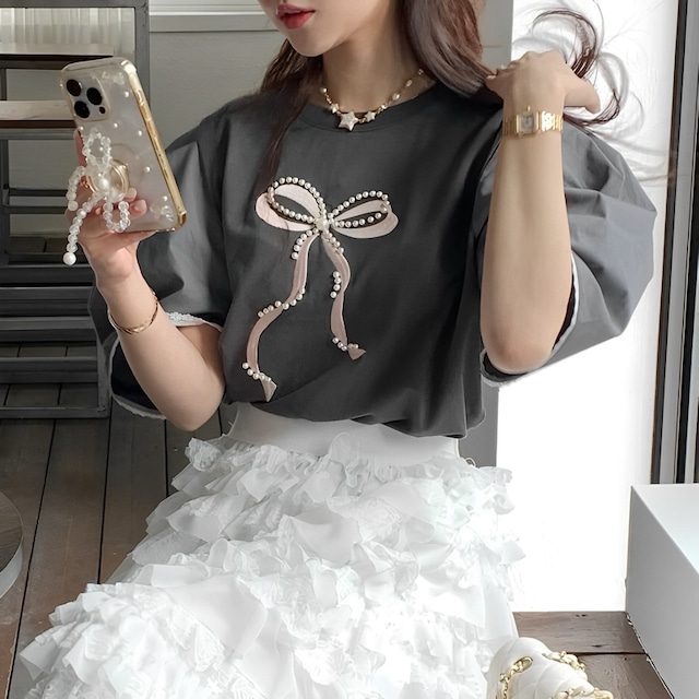 Pearl ribbon puff t-shirt　B472