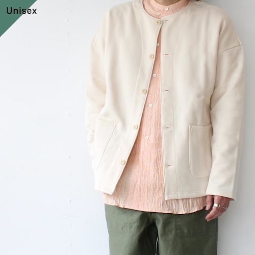 【ラスト１点】HARVESTY シルケット裏毛スウェットノーカラーカーディガン Sweat atelier jacket　（Ecru）