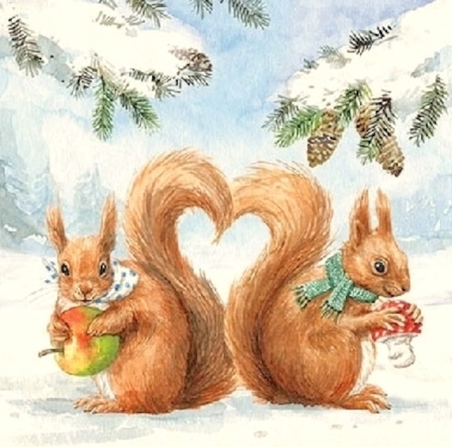 【Ambiente】バラ売り2枚 カクテルサイズ ペーパーナプキン Squirrel Love ホワイト