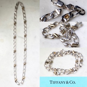 vintage TIFFANY silver flat link chain × k18 plates necklace
