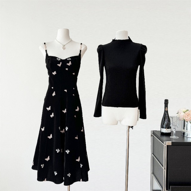 セットアップ インナートップス+ブラック ベルベット 刺繡 ワンピース S M L