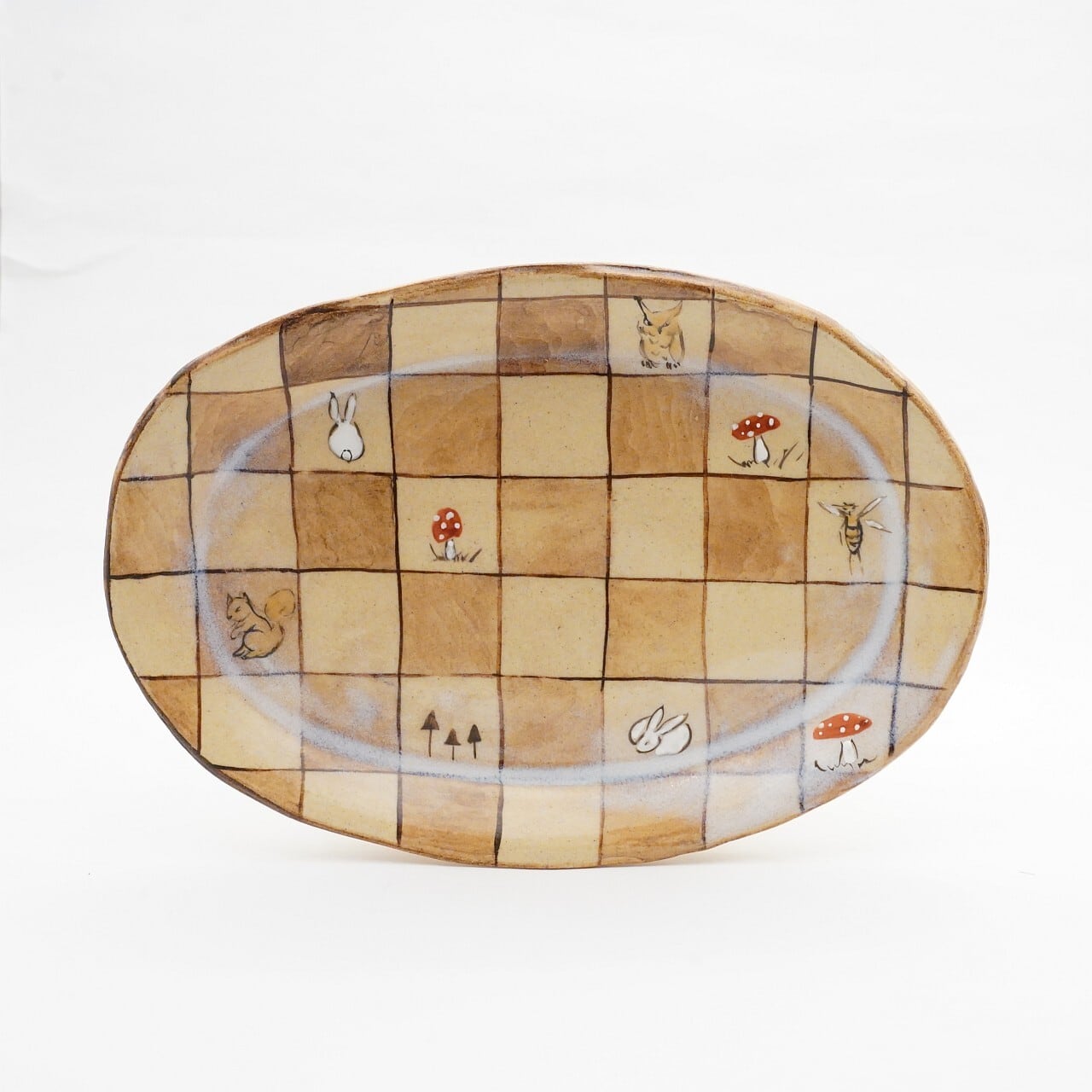【陶彩工房Canoe】「森の動物ときのこ」オーバル皿 27