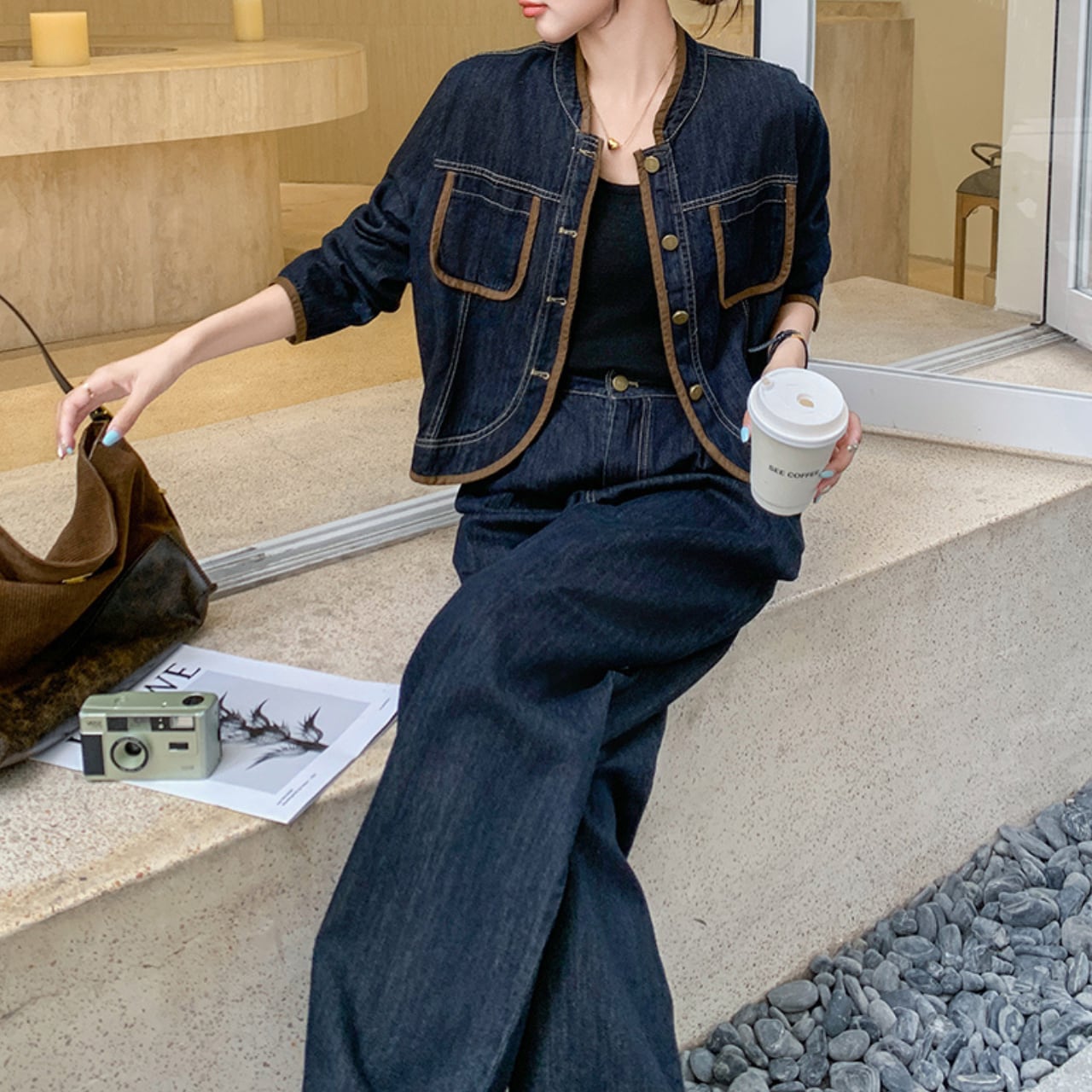 Denim jacket & wide leg pants set S1424