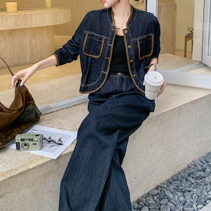 Denim jacket & wide leg pants set S1424