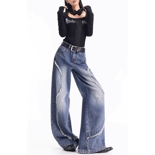 フリンジステッチラインワイドシルエットデニムパンツ 2col   R01872