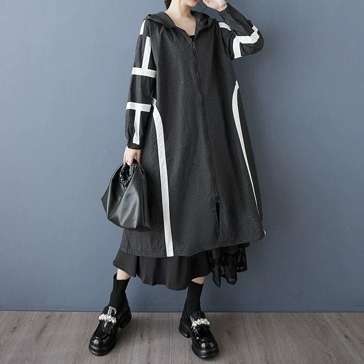 LINED HOODED A-LINE MIDI FULLZIP WINDBREAKER COAT 2colors M-16185