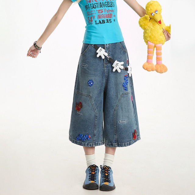 NERESUMアップリケ刺繍デニムクロップドパンツ