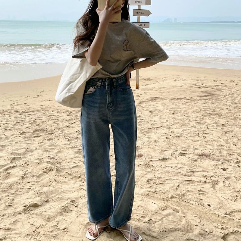 スタンダードジーンズ ウェスト薄手パンツ ルーズワイドレッグスプリングレディース レトロ 春物 ワイドパンツ ビッグFスモールZ韓国43620113203