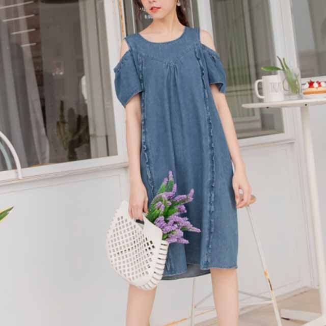 レディース オフショルダー デニムワンピース 綿100 ひざ丈 お出かけ フェミニン デート かわいい 大人ガーリー キュート クラシック クラシカル 旅行 春夏秋冬 パーティ おフェス カジュアル ブルー S 3l Op 0158 F Happy Orurea ハッピーオルレア