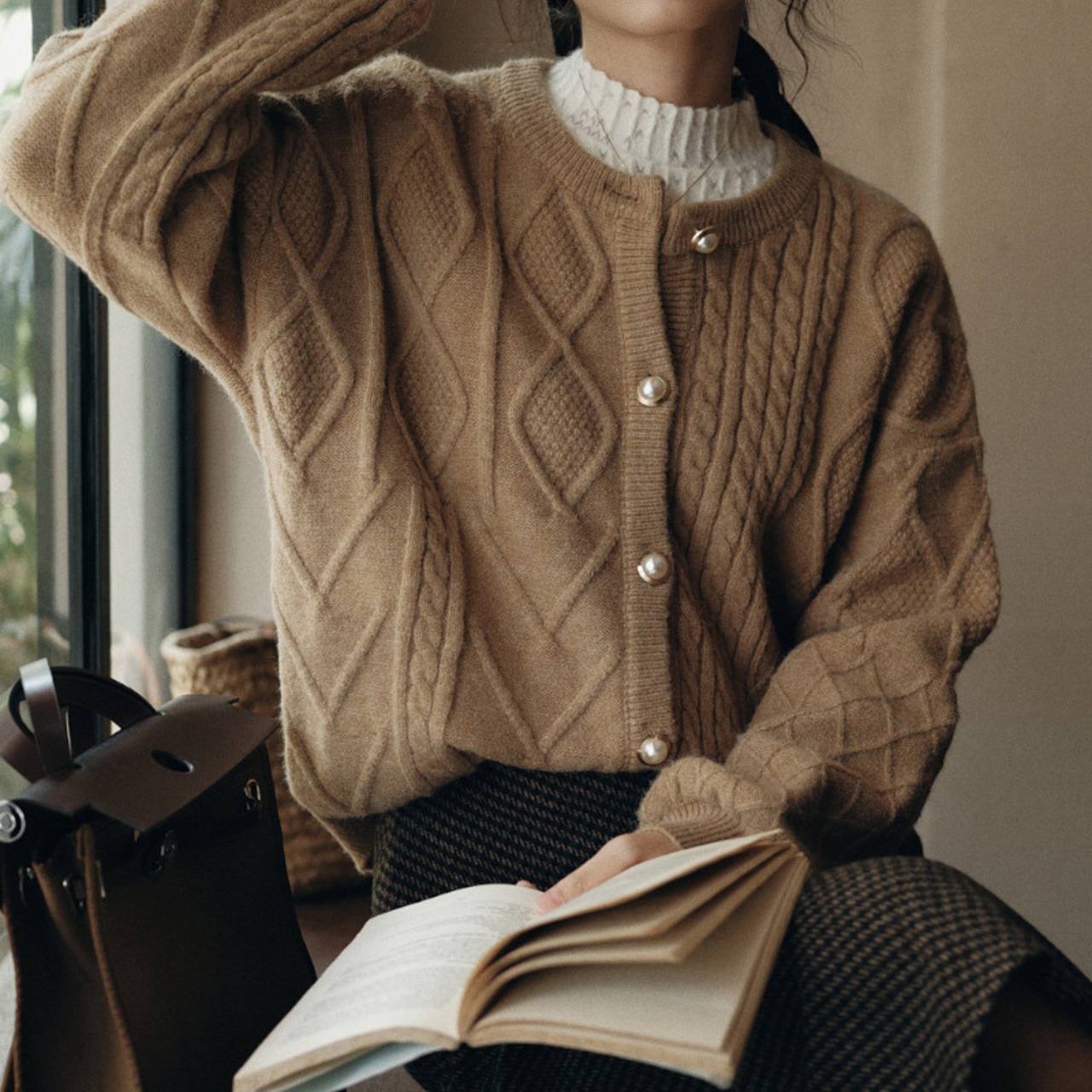 ランタンスリーブツイストニットカーディガン 3color W00673