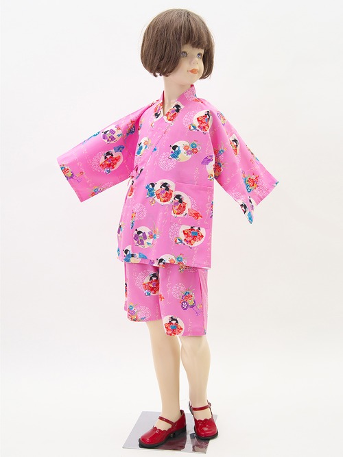 【送料無料】☆ソフトな着心地☆キッズ 《わらべ》和柄甚平【KID'S "KIMONO GIRL" JACKET & SHORTS ("JINBEI")】SIZE: L ～ XL（120～130cm）PINK/RED 上下 セットアップ　KIDS　綿100％　和風　和服　パジャマ　部屋着　人気　春夏　おうち時間　おうちコーデ　お出かけ　夏休み　夏祭り　ギフト　