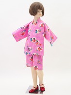 【送料無料】☆ソフトな着心地☆キッズ 《わらべ》和柄甚平【KID'S "KIMONO GIRL" JACKET & SHORTS ("JINBEI")】SIZE: L ~ XL(120~130cm)PINK/RED 上下 セットアップ KIDS 綿100% 和風 和服 パジャマ 部屋着 人気 春夏 おうち時間 おうちコーデ お出かけ 夏休み 夏祭り ギフト