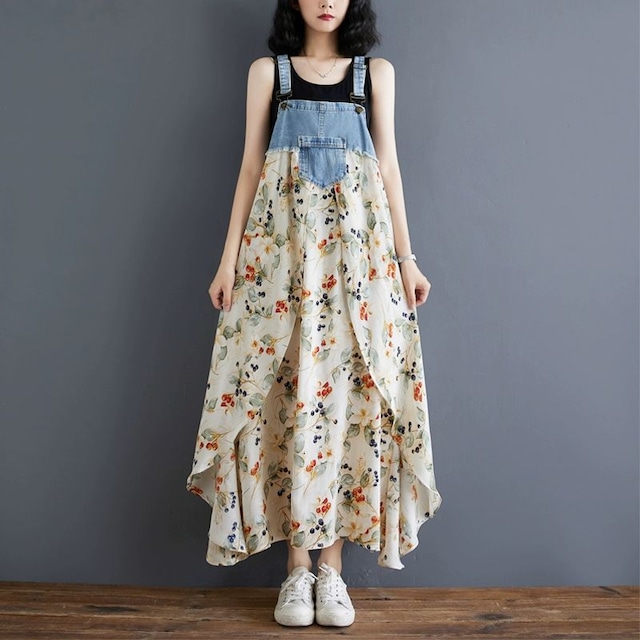 CONTRAST STITCH A-LINE LONG DENIM STRAP JUMER DRESS 1color M-10002