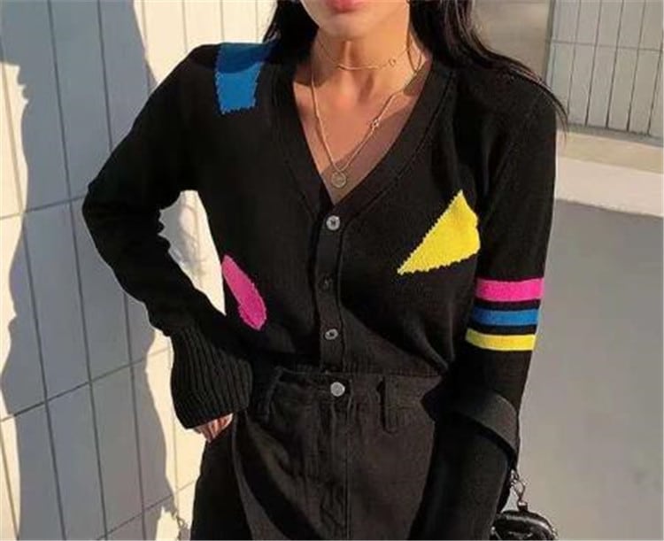 カラーマッチング プリント 薄い ニット カーディガン コート アイスシルク Vネック