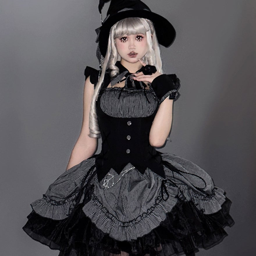 ゴスロリ ワンピース ストライプ×魔女風 ダークファッション｜WithU
