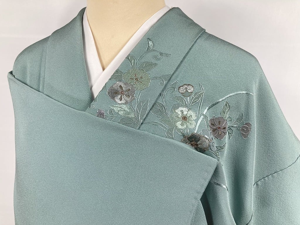 汕頭 蘇州刺繍 総刺繍 金糸 訪問着 正絹 花柄 熨斗 山藍摺 青緑 1086-