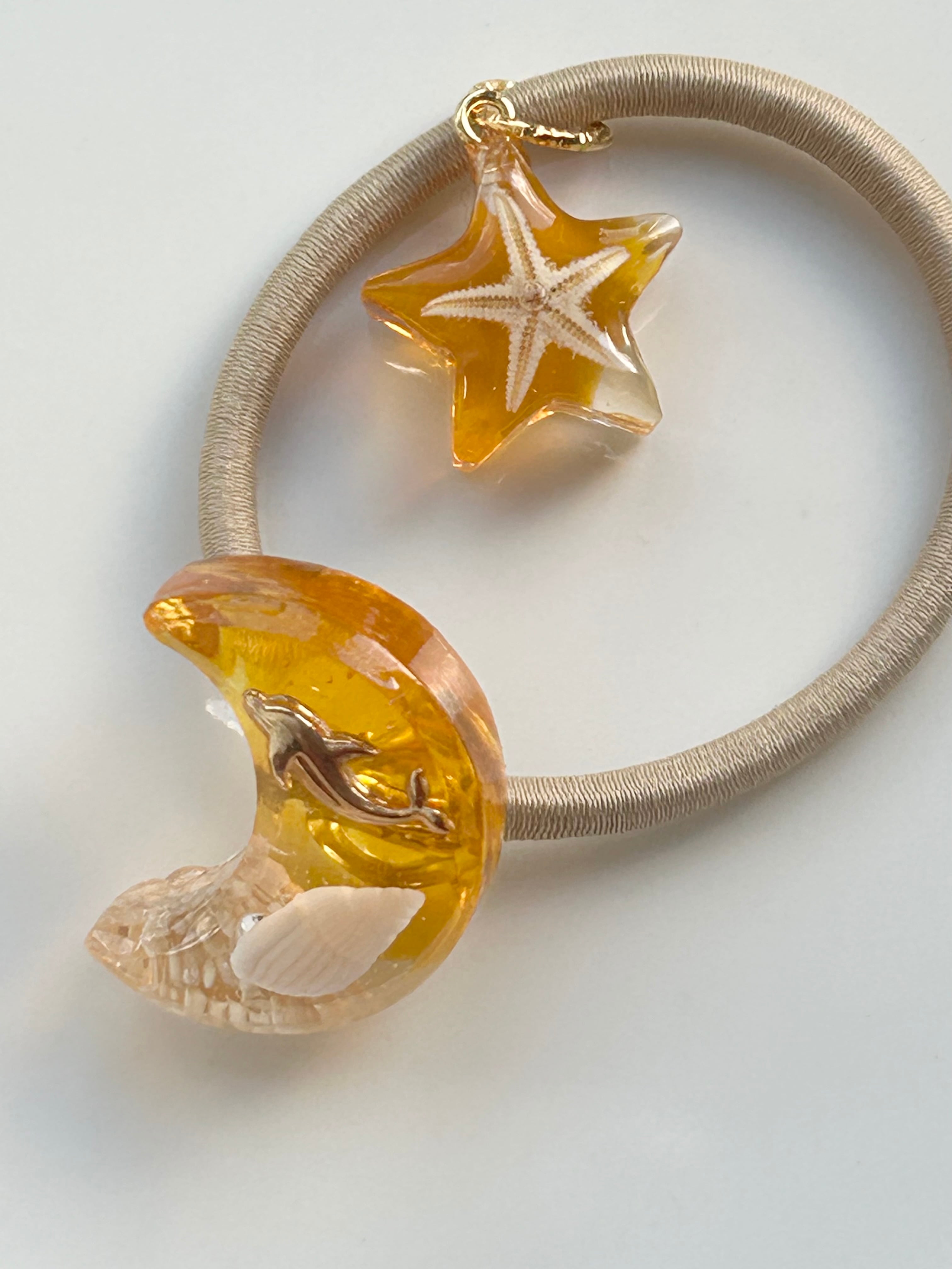 透き通った海の髪ゴム オレンジ 三日月と星 ヘアゴム 推し色 推し活