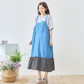 TRUBE デニム×ドット裾異素材切替サロペット風ドッキングワンピース【M~L】グレー