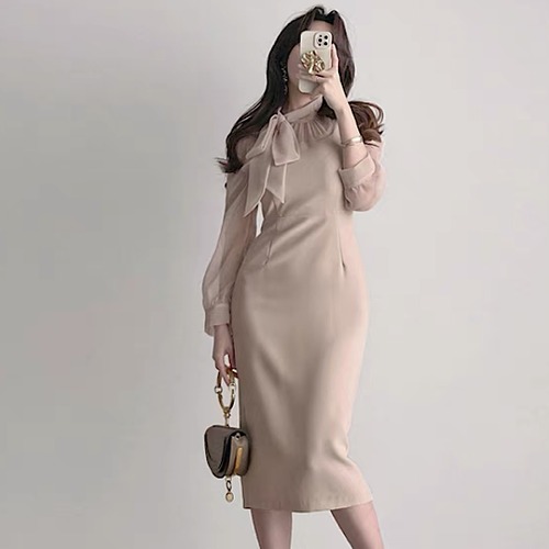 結婚式ドレス シースルー ネクタイ スリム 長袖 ミモレ丈 ハイウエスト 発表会 演奏会 レディース 結婚式 ステージ衣装 エレガント ウエディングドレス カラードレス イブニングドレス