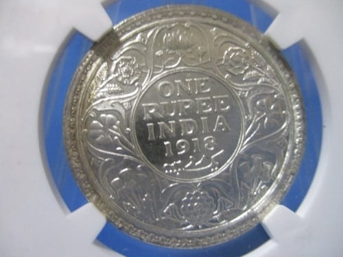 イギリス領インド 1ルピー銀貨☆1918年C／準未使用／ジョージ5世／