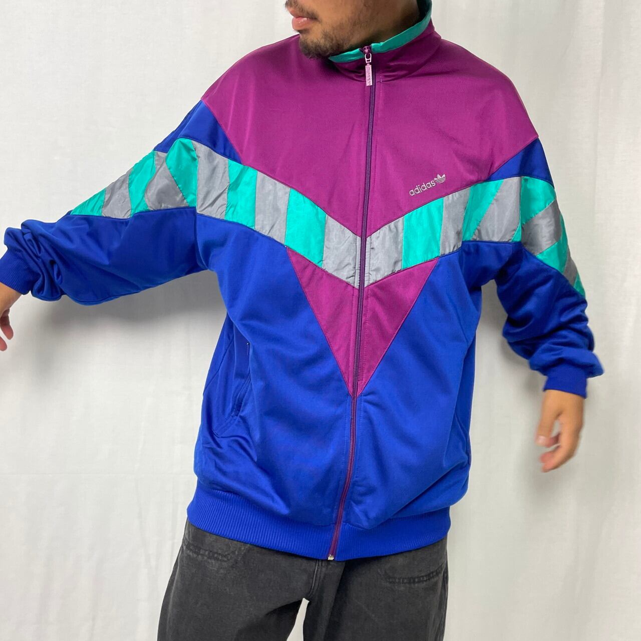 80sヴィンテージ adidasナイロンジャケット　パープルブルー　XL