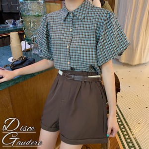 【韓国通販 dgo】puff sleeve checked shirt and wide-leg short pants（B1210）