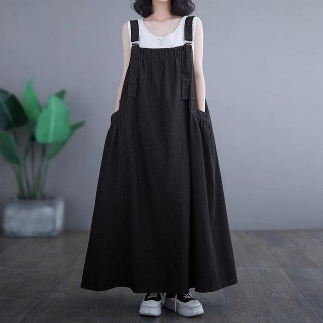 ブラックデニムマキシサスペンダーワンピース10366