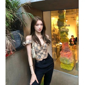 brown check off- shoulder tops