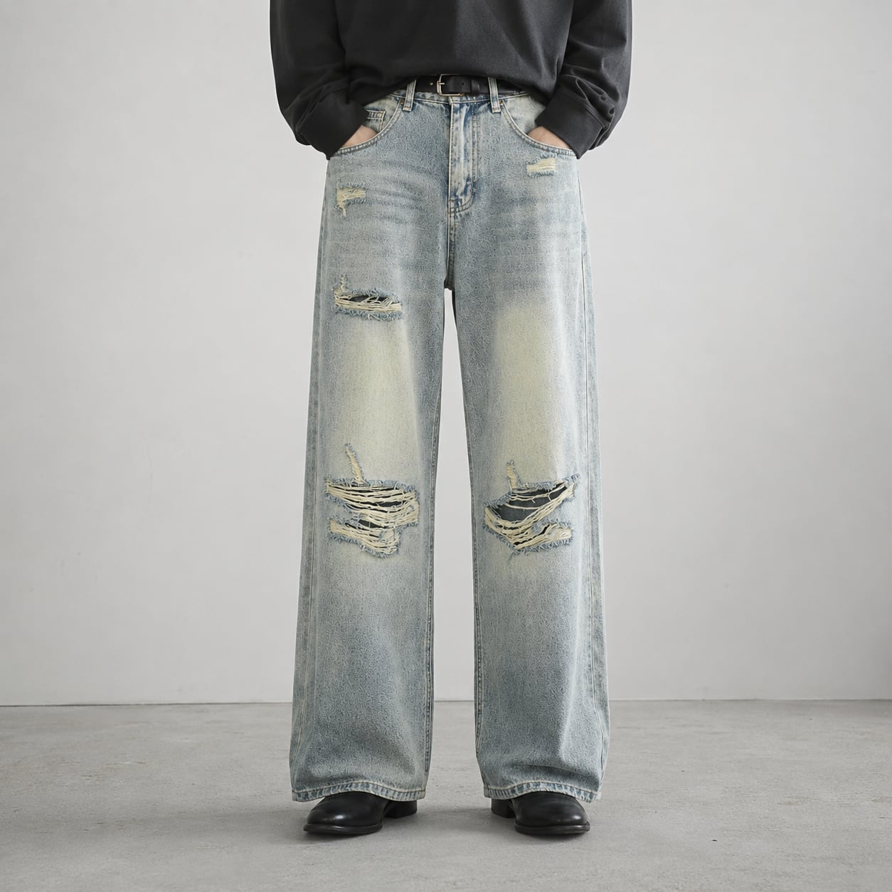 Washed Damaged Denim Pants 0007