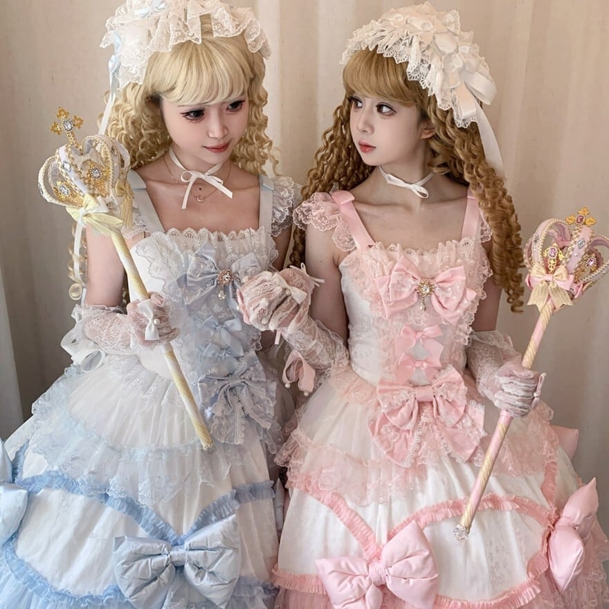 甘ロリ バックリボン レースフリル サックス ピンク お茶会 撮影会