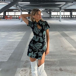 チャイナドレス ドレス タイトドレス ショート丈 半袖 ハイネック Aライン ポリエステル アジアン セクシー 大人 柄 10代 20代 30代 オールシーズ 4838