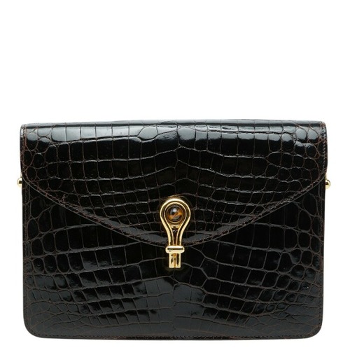 グッチ ヴィンテージ オールドグッチ クロコダイル型押し クラッチバッグ ブラウン レザー レディース GUCCI 【中古】