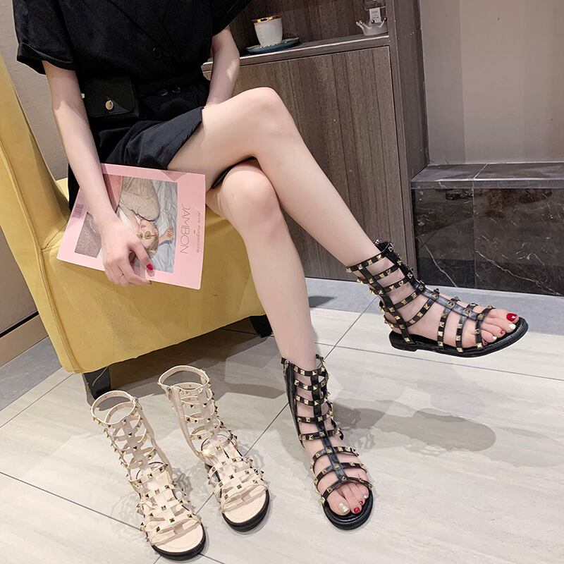 女性の2020年夏のリベット野生のネット赤の妖精のスタイルフラットボトムサイドジッパーローマンシューズの女性の夏の新しいバージョンのサンダル 部族の婦人靴8101641