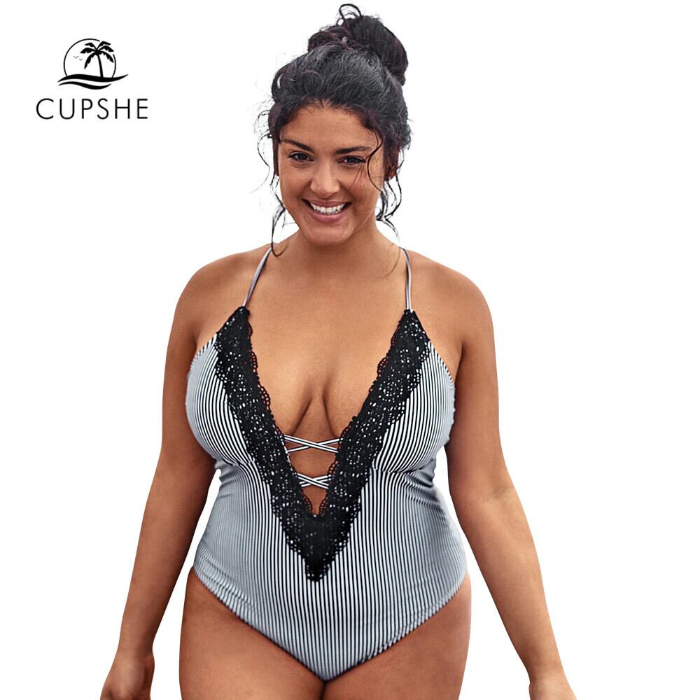 【大人気☆】CUPSHE ジャスパーモノキニ ワンピース水着 送料無料 CUPSHEプラスサイズストライプディープVネック