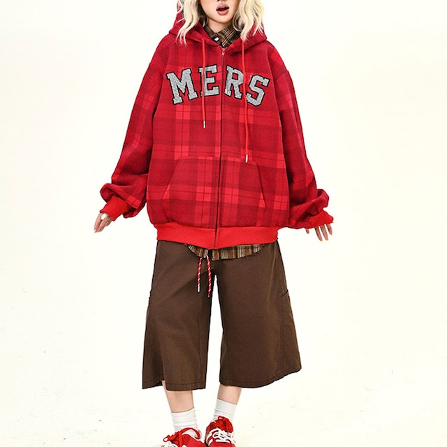 チェックレタリングジップパーカー 2col R01033