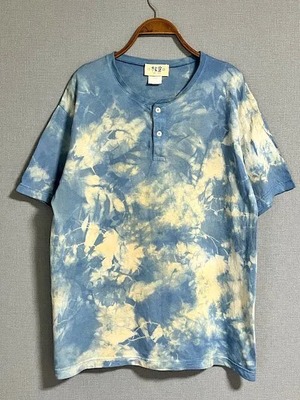 タイダイ染め Tie-dye ヘンリーネック Tシャツ Lサイズ　ブルー×ベージュ　ムラ染め　Hippies Dye HD21-39