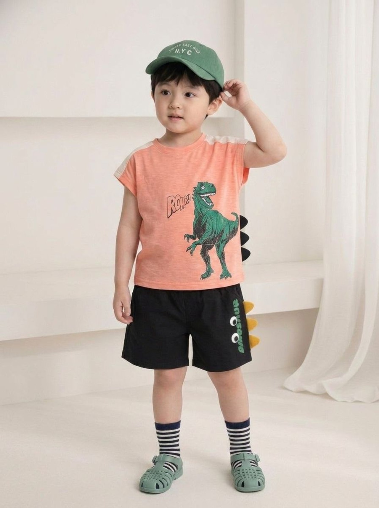 [Orangemom] Color-blocked dinosaur horn shirt (13/15) / [오렌지맘] 배색공룡뿔티셔츠 (13/15)