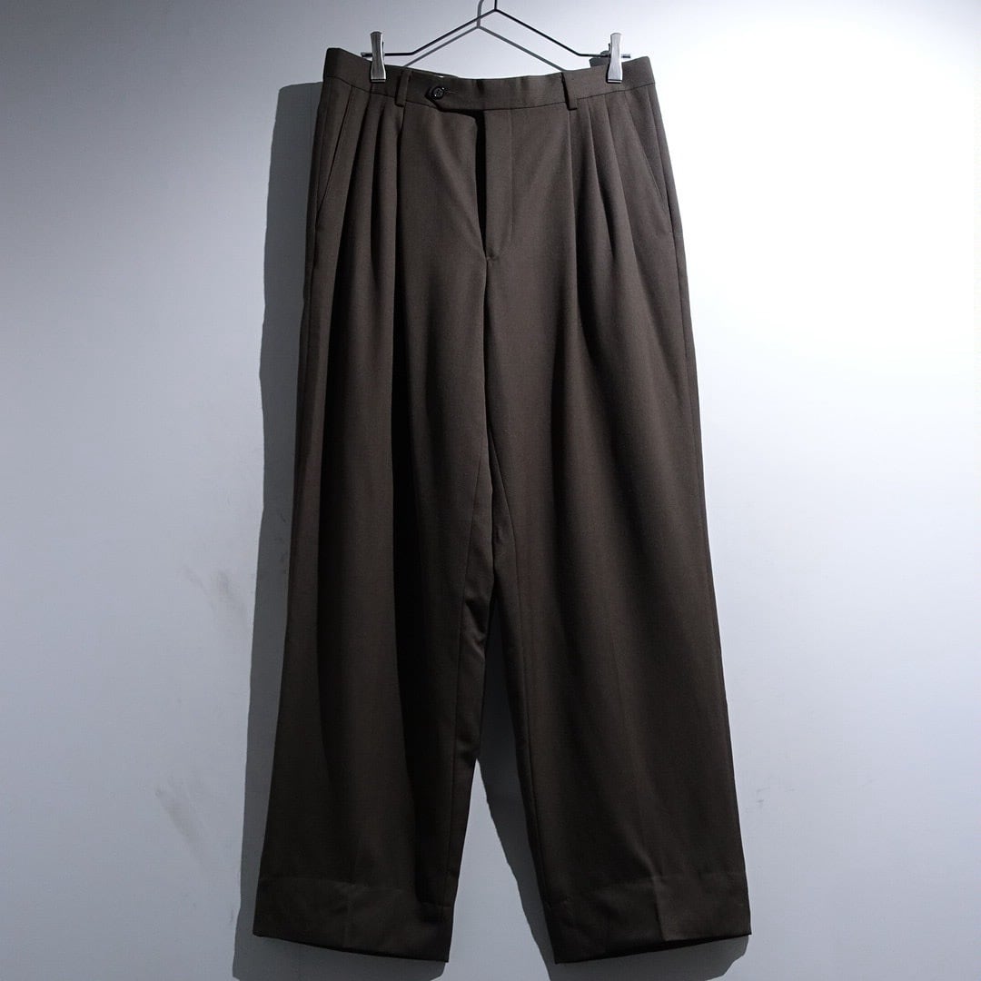 90s "GIVENCHY" Brown Gabardine 3-Tuck Wide Straight Slacks